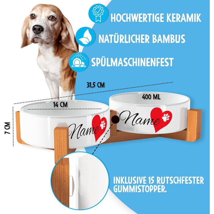 Персоналізований годівниця для собак OWLBOOK Herz з іменем, керамічний подвійний набір, бамбуковий каркас, 300 мл