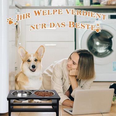 Підвищені годівниці для собак HTB, бамбук, з 2 мисками з нержавіючої сталі, 44x24x18 см, 18 см висота, чорний колір