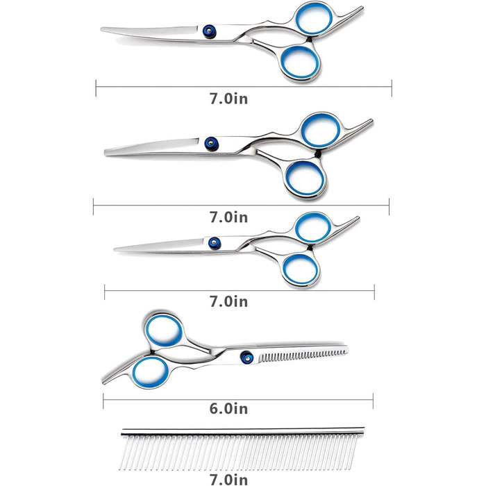Професійний набір ножиць для грумінгу собак з нержавіючої сталі, 7.0 дюймів. Набір для догляду за тваринами: прямі, вигнуті ножиці, витончувач, гребінець для довгого та короткого волосся собак/кішок/домашніх тварин