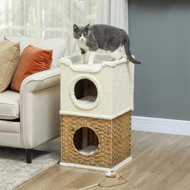 Котячий будиночок PawHut 75,5 см: триповерхова когтеточка з плюшевим облямівкою, подушкою та печереєю для котів середнього розміру, кремово-білий