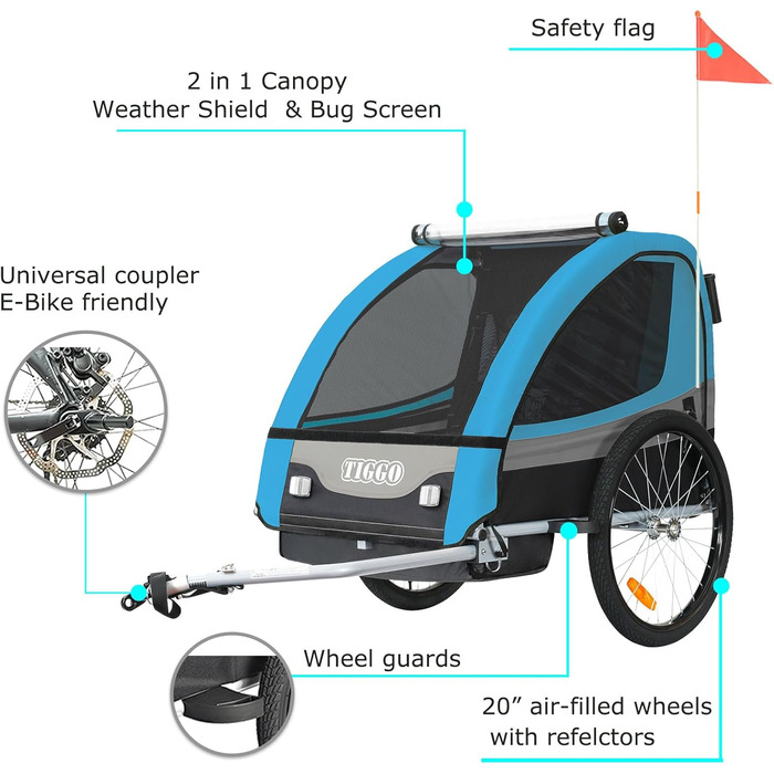 Дитячий причіп Tiggo 2 в 1: велосипедний причіп та біговий причіп для дітей, блакитний