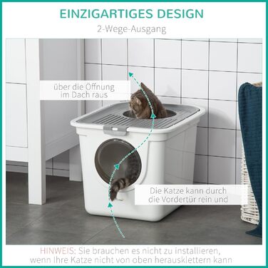 Туалет для котів PawHut із кришкою та лопаткою, пластиковий, для котів до 5 кг, сірий+білий, для дому, 44x55x39 см