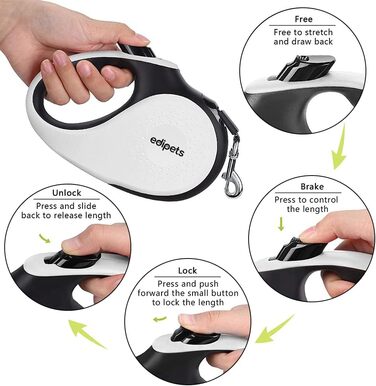Рулетка для собак Edipets, висувна, нейлон, 5 м, 360°, для малих, середніх та великих собак (біла, M)
