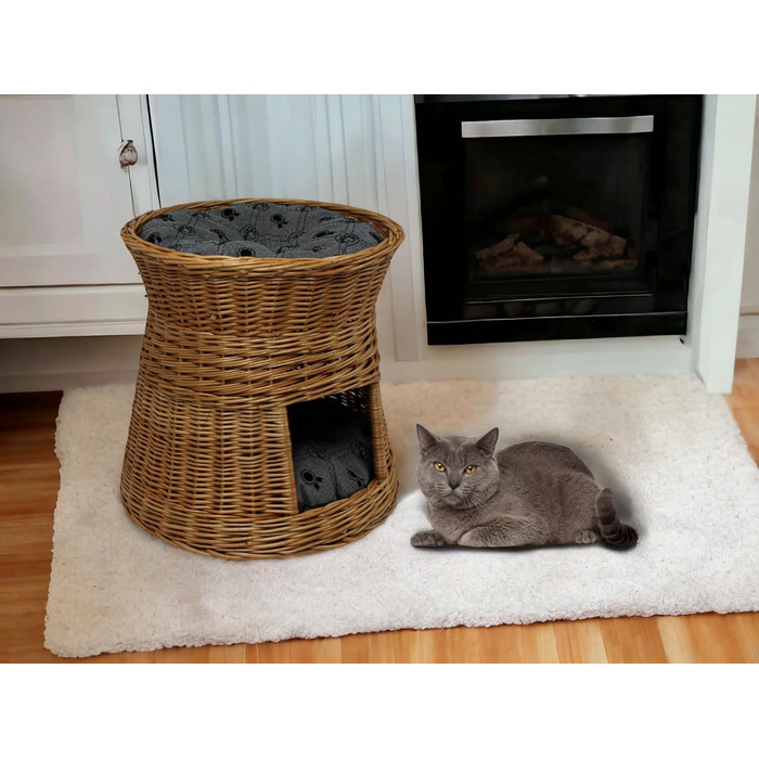 Кошик-будиночок для кота з лози, двоповерхове котяче ліжко 47 см, натуральна верба, з подушкою, для котів і собак, колір світло-сірий