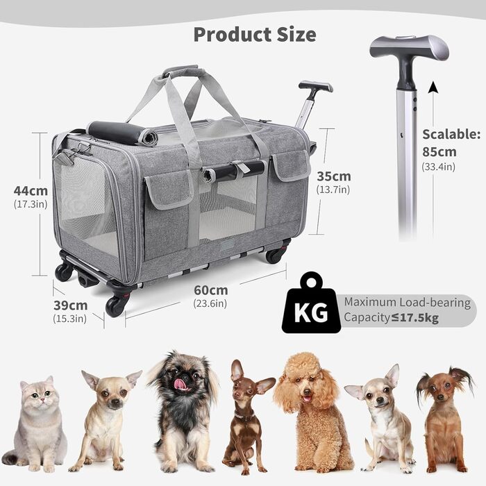 Транспортна сумка для котів PETCUTE з колесами, дихаюча переноска для 2 котів, складана переноска для собак з телескопічною ручкою, знімний килимок, ідеальна для подорожей, темно-сіра