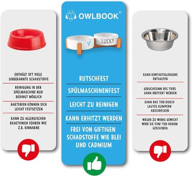 OWLBOOK Миска для собак з гравіюванням імені, подвійна миска для корму та води, кераміка, бамбук, 300 мл (синя зіркочка)