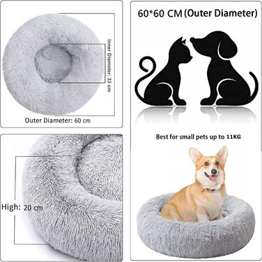 Кругле ліжко для котів та собак, 60 см, плюшеве, миється, сірий колір