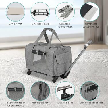 Транспортний бокс для котів Transportbox Katze, переносний трюм для собак та котів з телескопічною ручкою, сумка-переноска на колесах, портативний трюм для малих та середніх тварин (темно-сірий)
