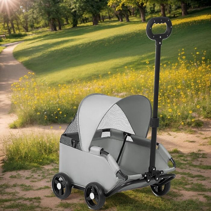 Транспортний візок для собак, маленький візок-будка, складаний з ременем безпеки, сірий, легкий, для собак до 7 кг, для перевезення, прогулянок на вулиці