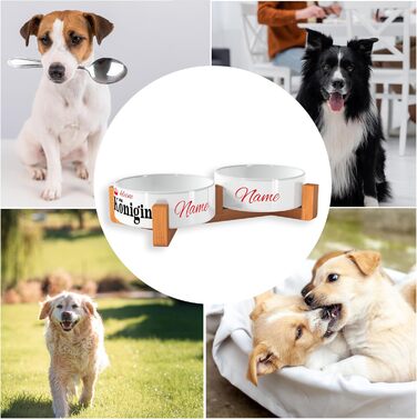 Персоналізована миска для собак OWLBOOK з ім'ям - подвійна керамічна миска з бамбуковим каркасом, 300 мл