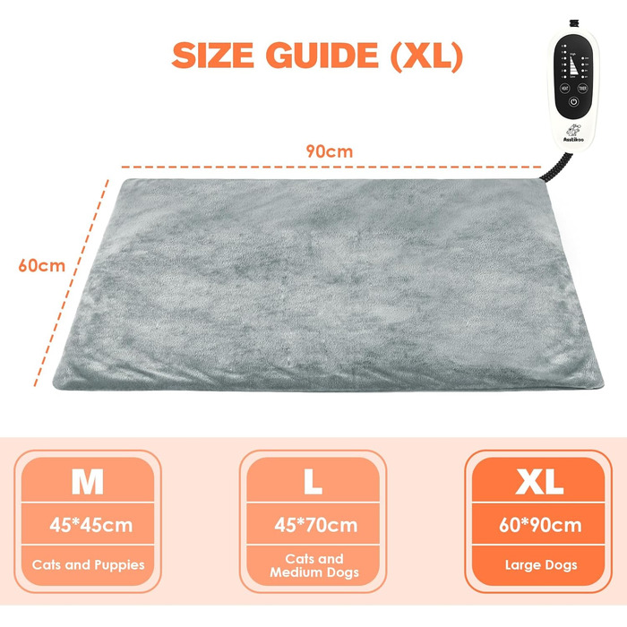 Електричний килимок для обігріву домашніх тварин (кішки та собаки), регульований, з таймером та температурою 30-55°C, M-45*45cm / XL-90*60cm