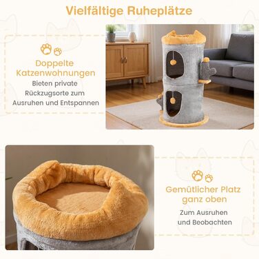 Кігтеточка-будка COSTWAY для котів з 2 будиночками, м'ячка та стійкою, сірого кольору, Ø48 x 83 см