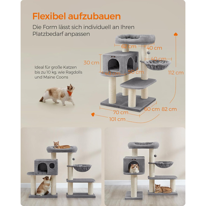 Драбина для котів Feandrea XXL: міцна, з 6 товстими стовпчиками, платформа, будиночок, кошик, сіра