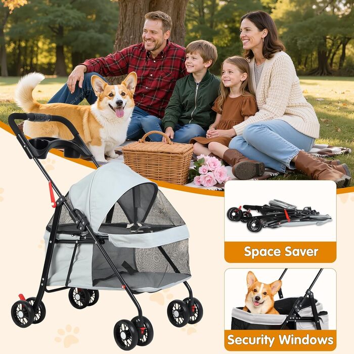 Дитяча коляска для тварин з 4 колесами, сіра: легка, складна, до 7,5 кг