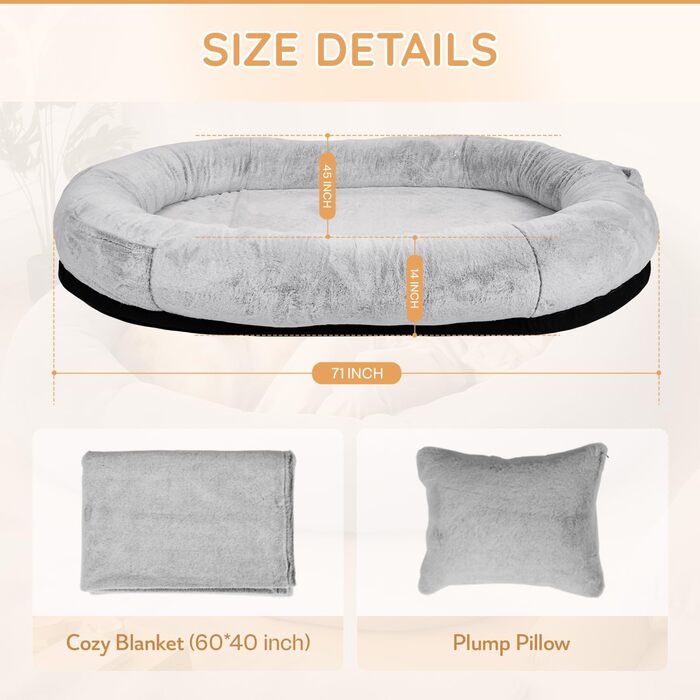 Крісло-мішок NESTROAD для собак та людей, 180x114x35 см, знімний чохол з штучного хутра, ковдра та подушка, сірий колір