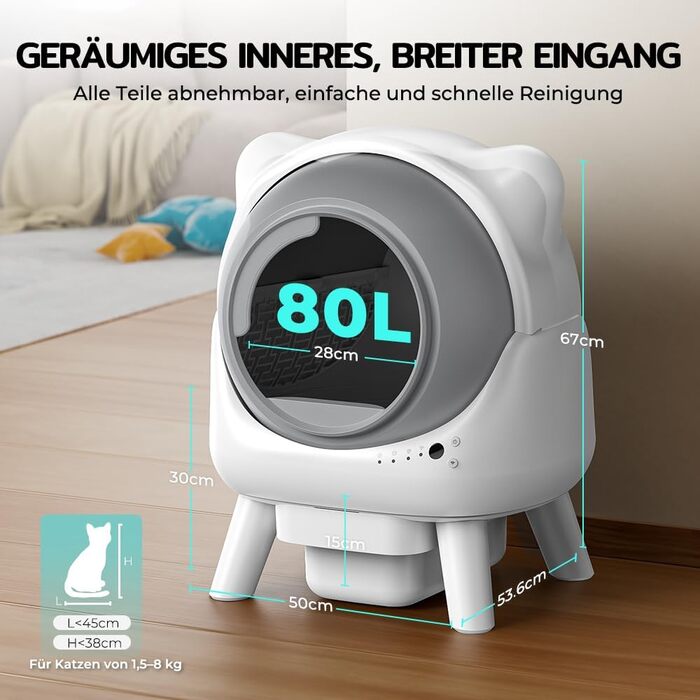 Автоматичний лоток для котів Cura X1 Katzenklo: самоочищення, 80+8 л, датчики безпеки, контроль через додаток, для кількох котів