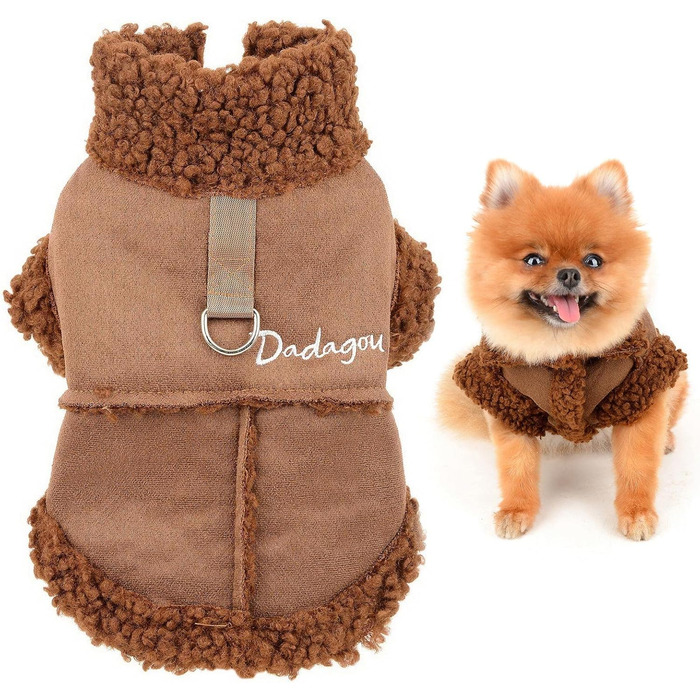 Теплий зимовий одяг для тварин з флісовою підкладкою: куртка для собак та котів, з кільцем для повідка, для чихуахуа, йоркширського тер'єра, коричневий (M)