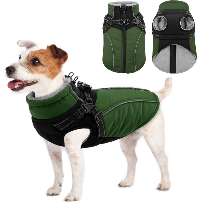 Зимовий теплий одяг для собак Konvinit: куртка з флісу з кріпленням для повідка, світловідбиваюча, для середніх собак, розмір M (53 см обхват грудей), колір зелений