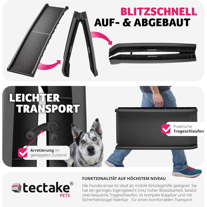 Рампа для собак tectake®: складана, протиковзна, до 90 кг, захист багажника авто, для підйому на ліжко, диван, сходи