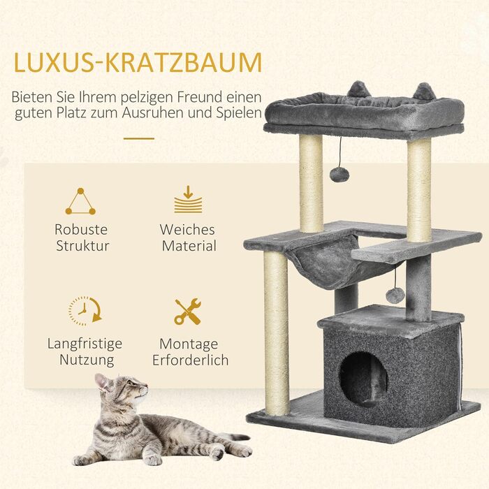 Дряпак для котів PawHut 90 см, з гамаком, ігровий комплекс, котяча хатка, платформи, плюшевий та сизалевий килимок, сірий