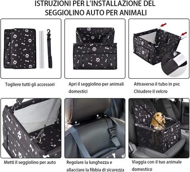 Автомобільний сидіння для собак на переднє пасажирське місце - чорний, з принтом лап, з ременем безпеки, водонепроникний, складна подушка