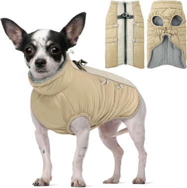 Водонепроникний теплий зимовий одяг для собак - куртка-манжетка з отвором для шлейки, армійський камуфляж, для собак маленьких, середніх та великих порід, з світловідбиваючими смугами, блискавкою (S, Абрикосовий)