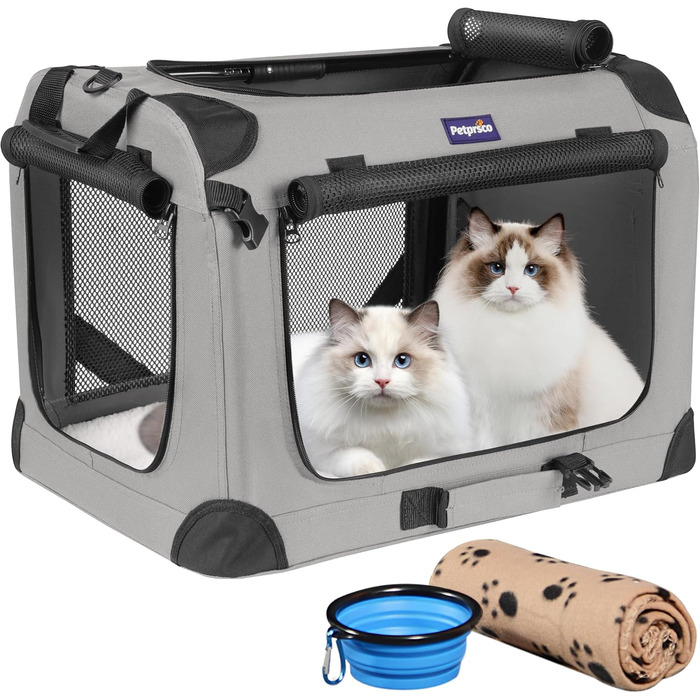Petprsco Велика переноска для котів і собак, 61x43x43 см, з теплою ковдрою, складаною мискою та м'якою підстилкою, для подорожей