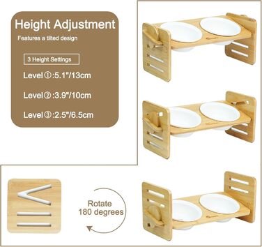 Підставка для корму для собак та котів, регульована висота, керамічна миска з бамбуковим підставкою, нахилена платформа для котів та маленьких собак (40*16)