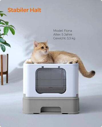 Туалет для котів Feandrea з кришкою, висувним лотком, совком і щіткою, просторий для котів до 15 кг, проти протікань, мінімум слідів, блакитно-сірий