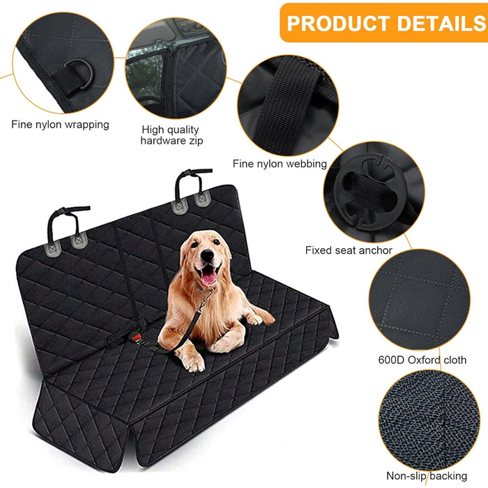 Захист для заднього сидіння авто для собак, водовідштовхувальний, з кріпленням для ременів безпеки, чорний