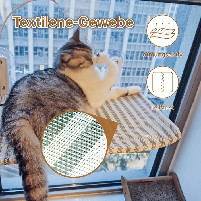 Кішка ліжко на вікно BnbnPup: гамак для котів з міцними присосками до 18 кг, знімний та перевертаний чохол, складна та стабільна конструкція (смужки, L)