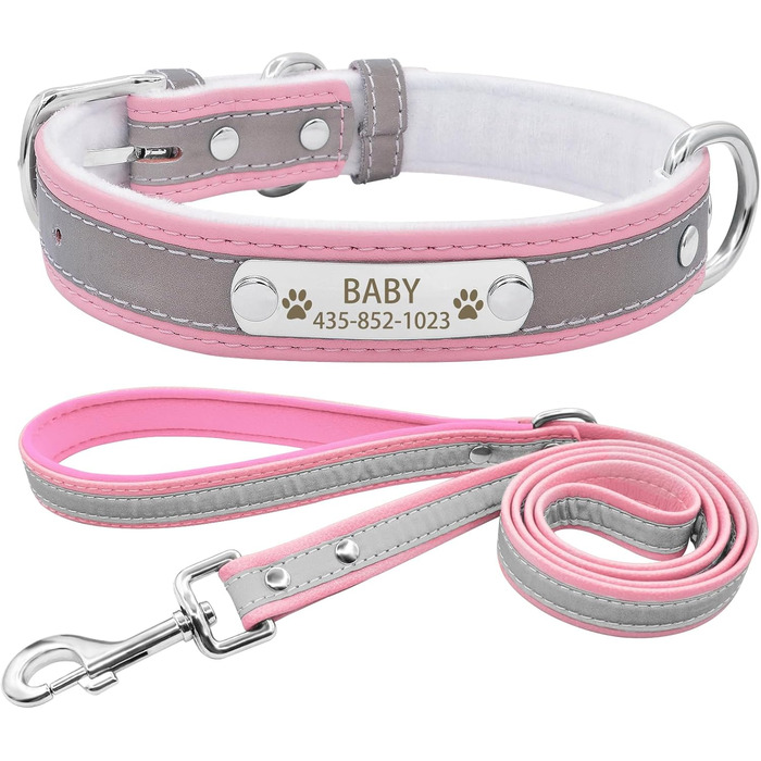 Персоналізоване світловідбиваюче нашийник та поводок для собак Senristar з гравіюванням, для малих, середніх та великих собак та котів (M, ширина 2,0 см, обхват шиї 28-36 см), рожевий комплект