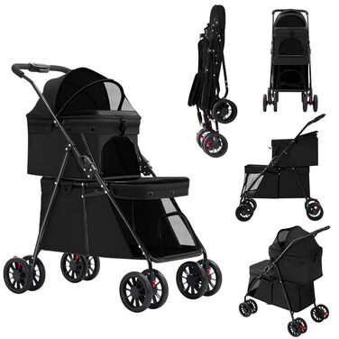 Дитяча коляска 3 в 1 для собак та котів, складні, з 4 EVA-колесами, ручка, 3 вікна з сітки, тримач для напоїв, для маленьких та літніх собак, тролей для людей з обмеженими можливостями (67 x 50 x 95 см, Чорний)