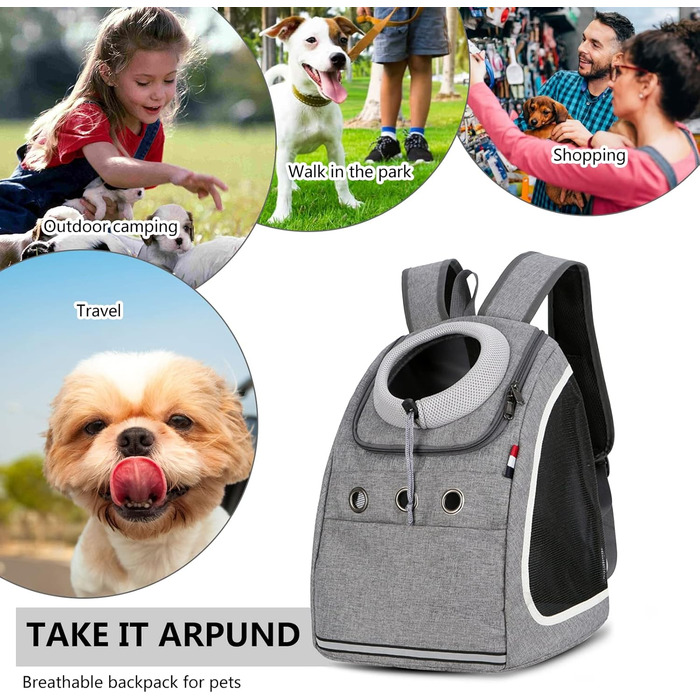 PETCUTE Рюкзак для собак та котів - переноска для маленьких тварин, сірий, для подорожей, кемпінгу та прогулянок
