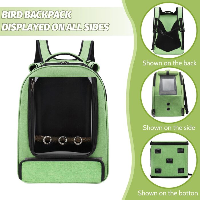 Рюкзак-переноска для птахів Vogel-Rucksack з лотком, жердиною та годівницею, водонепроникний, для папуг та середніх птахів (зелений)