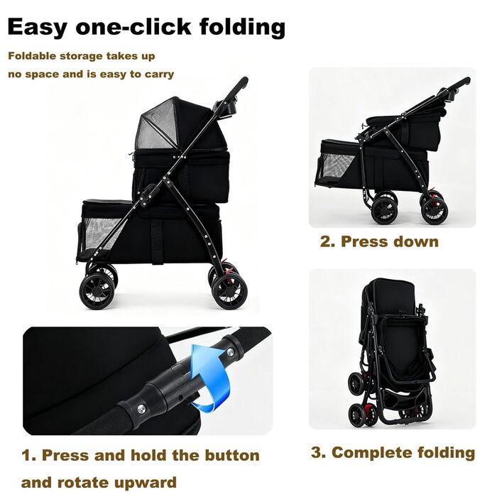 Подвійний візок для собак середніх та маленьких порід, котів, до 22,7 кг, універсальні колеса на 360°, легкий, складається в одну руку, для кошенят, цуценят, дитячий візочок для тварин (подвійний)