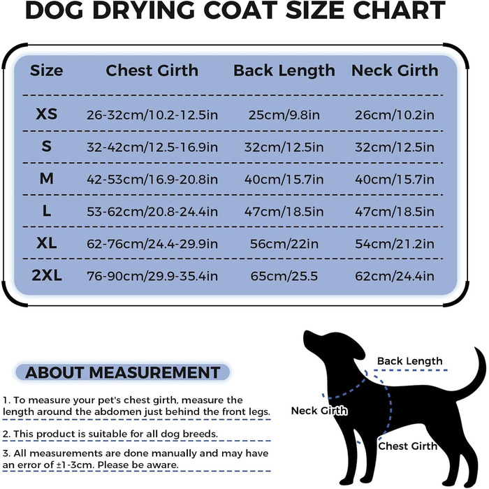 Рушник для собак, халат для собак, мікрофібра, великий, середній, малий, з клямками, блакитний
