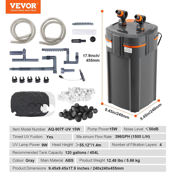 VEVOR Каністровий фільтр для акваріума 264GPH, 3-ступінчастий, ультратихий, з UV-захистом, 11 Вт, для акваріумів до 284 л
