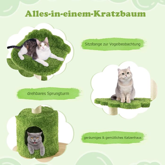 Кігтеточка для котів GYMAX 97 см з печерею, 3-ярусна, з сизалю, з платформою, дерев'яна основа, для дому