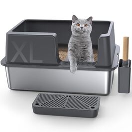 Кігтеточка Gimars XL для котів з металу – герметичний лоток для котів з нержавіючої сталі, миска без витоку, лопатка та килимок, підходить для великих, середніх та маленьких котів (темно-сірий з педалем)