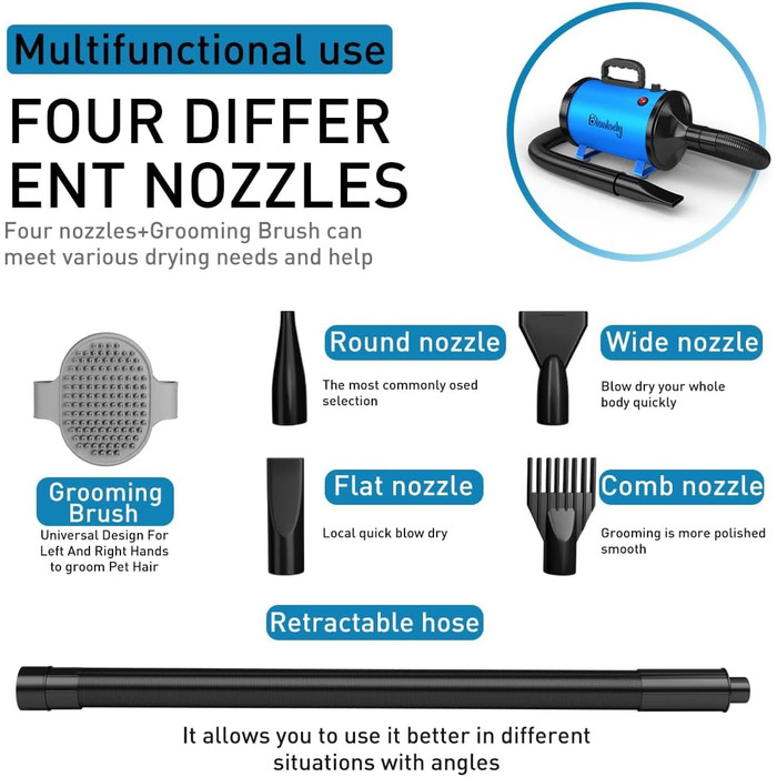 Фен для собак Blower - тихий, 4.5 PS / 3200W, регулювання швидкості, 4 насадки, синій