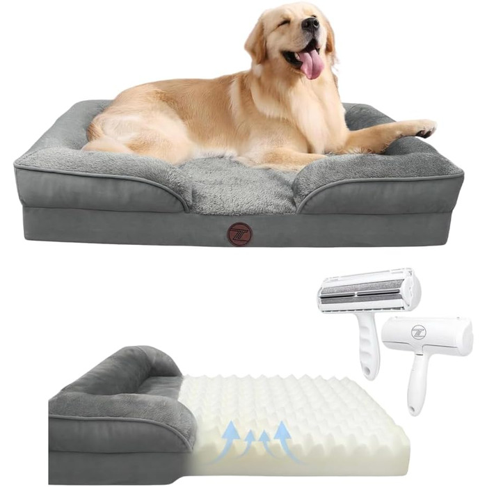 Ортопедичне ліжко для собак ZURMATRADE з піною з пам'яті – миється, нековзне та зручне – для великих та маленьких собак – сірого кольору, видалення шерсті XL (107x81,5x16,5 см)