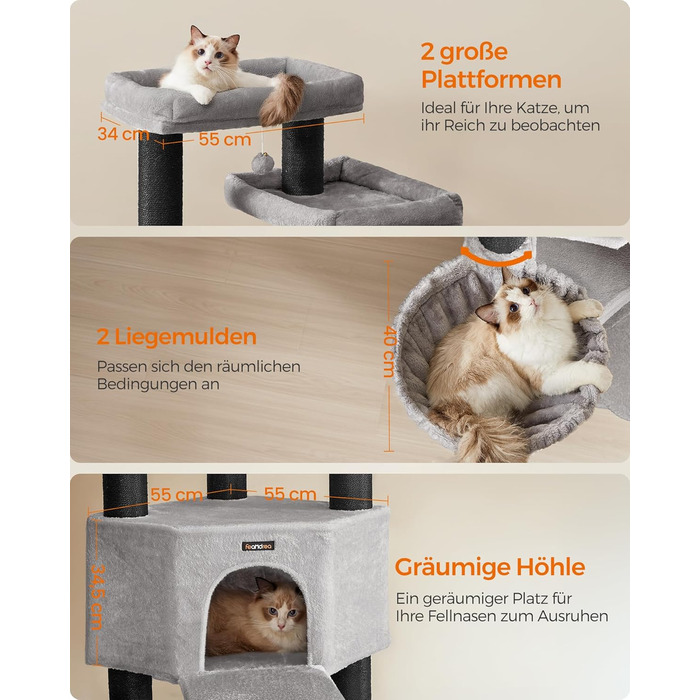 Кігтеточка Feandrea для котів, велика, багатоярусна, XXL, 55 x 55 x 186,7 см, товщина сизалю 11 см, для великих порід котів (Мейн-кун), сіро-чорна, артикул PCT008G02