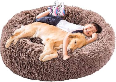 Ліжко для собак HANHAN у вигляді пончика, велике (XXL), ортопедичне, м'яке, заспокійливе, коричневе. Ліжко-лежанка для собак, гніздо, перина, лежанка-перина, для дому, миття
