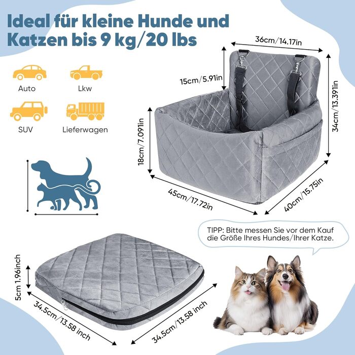 Автомобільний лежак для собак, кріплення на заднє сидіння, з ременями безпеки та кишенею для зберігання, 45x40x34 см