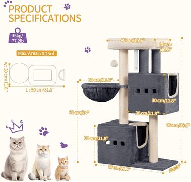 Дерево для котів Hzuaneri, 98 см, зі стійкою конструкцією, великою лежанкою, котячою печерою, сизалевими стовпчиками, кошиком та іграшками, сірий колір MS10018SG