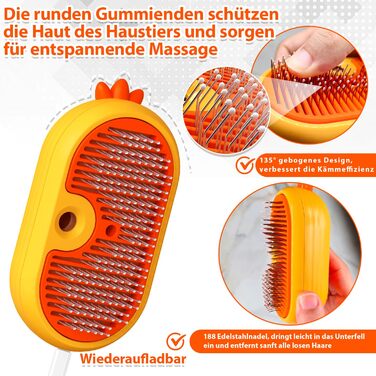 Парфумерна щітка для котів з розпилювачем, 4-в-1: видалення шерсті, масаж, розпилення, самоочищення, водонепроникна (IPX7), білий колір з жовтим руків'ям