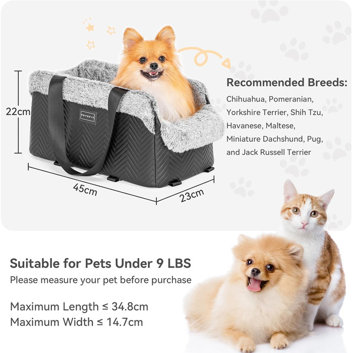 Автокрісло для собак PETSFIT на середню консоль, переносне, чорне, з безпечними гачками та покращеними ременями безпеки для малих собак до 5 кг, люкс