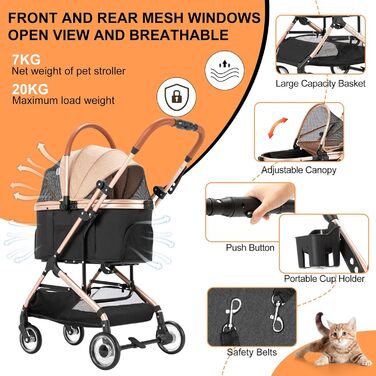 3 в 1 Візок для собак з знімним автокріслом, будки та переноски, складаний. Візок для домашніх тварин, дитячий візочок (Хакі, 20 кг)
