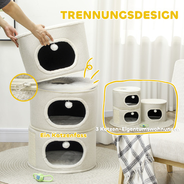 PawHut Scratching Barrel, висота 100 см Cat Barrel з 3 отворами, Cat Post з ігровими кулями, Cat Tower з Sisal, для котів до 6 кг, Бежевий+Кремово-білий | Аосом
